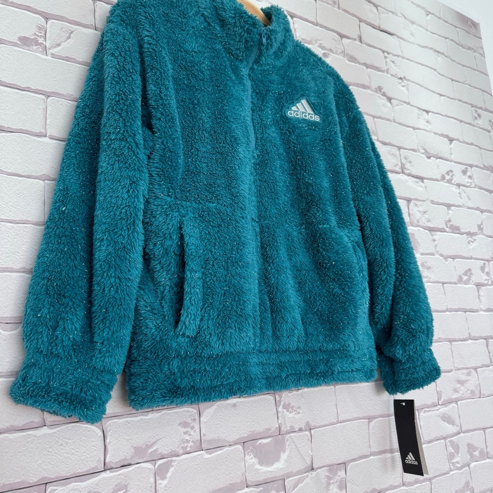 Adidas Girls TURQ Quarter-Zip Sparkle Fuzzy Holiday Jacket Medium‎ 10-12 NWT - Picture 4 of 11